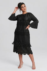 Curveins Plus Size Round Neck Fringe Detail Elegant Loose Pleated Midi Dress