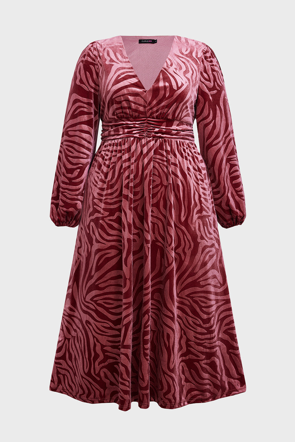 Curveins Plus Size V-Neck Long Sleeves Floral Midi Dress