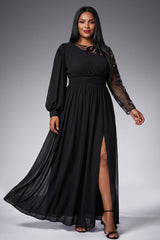 Curveins Plus Size Crew Neck Long Sleeve Side Slit Elegant Maxi Dress