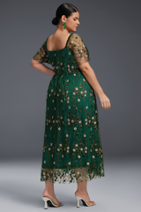 Curveins Plus Size Draped Collar Embroidered Ruffle Hem Maxi Dress