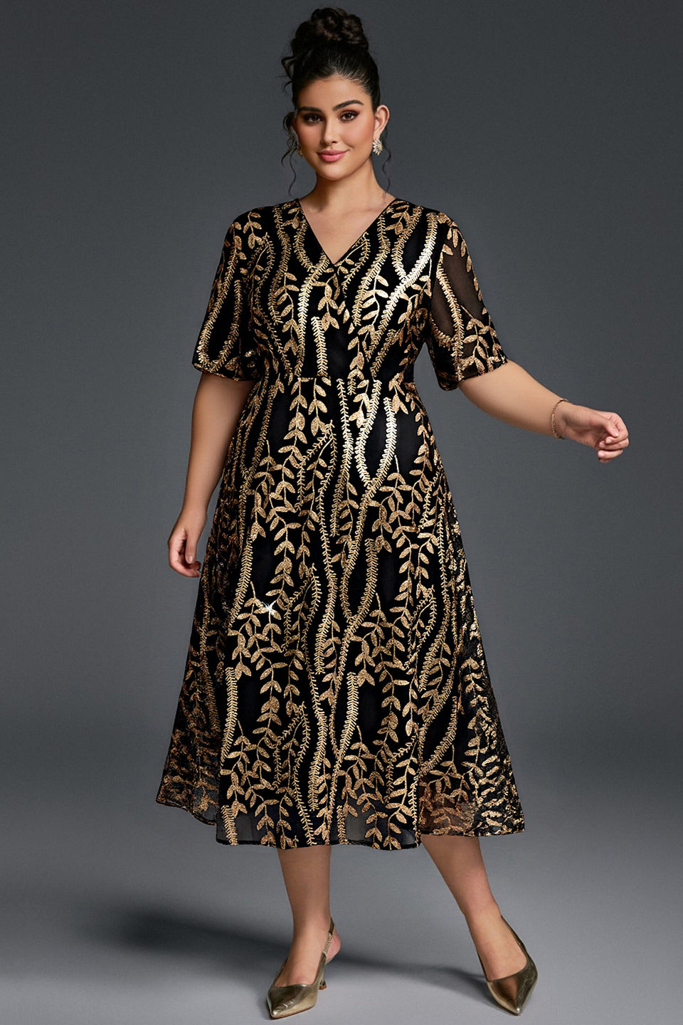 Curveins Plus Size V-Neck Lantern Sleeve Floral Print Midi Dress