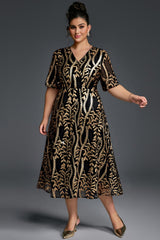 Curveins Plus Size V-Neck Lantern Sleeve Floral Print Midi Dress