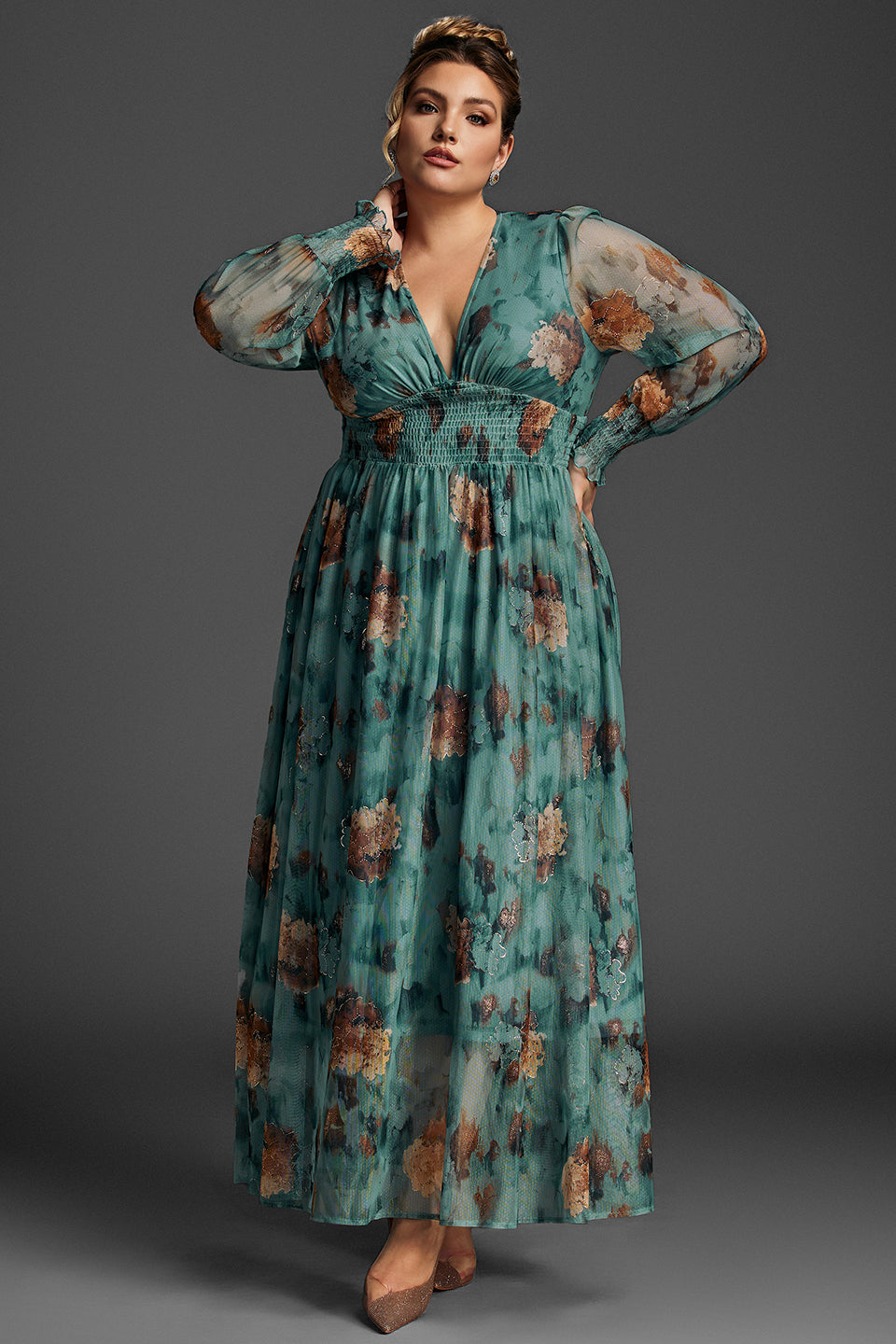 Curveins Plus Size V Neck Striped Sequin Cape Top Gradient Maxi Dress