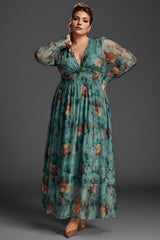 Curveins Plus Size V-Neck Floral Mesh Maxi Dress