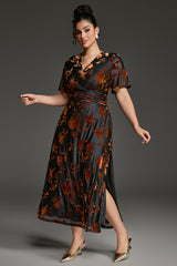 Curveins Plus Size Velvet Surplice Vintage Plain Maxi Dress