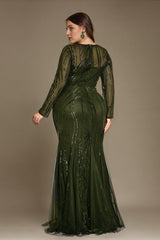 Curveins Plus Size Round Neck Long Sleeve Sequin Bodycon Maxi Dress