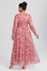 Curveins Plus Size V Neck Long Sleeve Floral Cinched Waist Maxi Dress