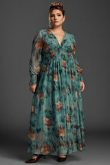 Curveins Plus Size V-Neck Floral Mesh Maxi Dress