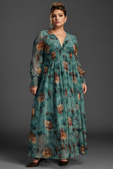 Curveins Plus Size V-Neck Floral Mesh Maxi Dress