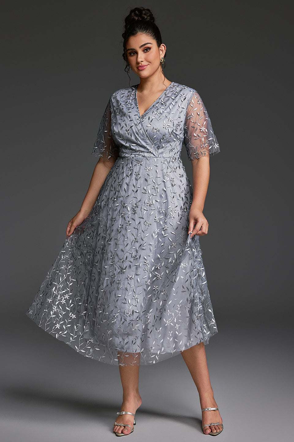 Curveins Plus Size V-Neck Ruffle Sleeve Embroidered Maxi Dress