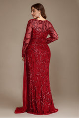 Curveins Plus Size Round Neck Embroidered Tie-Sash Bodycon Maxi Dress