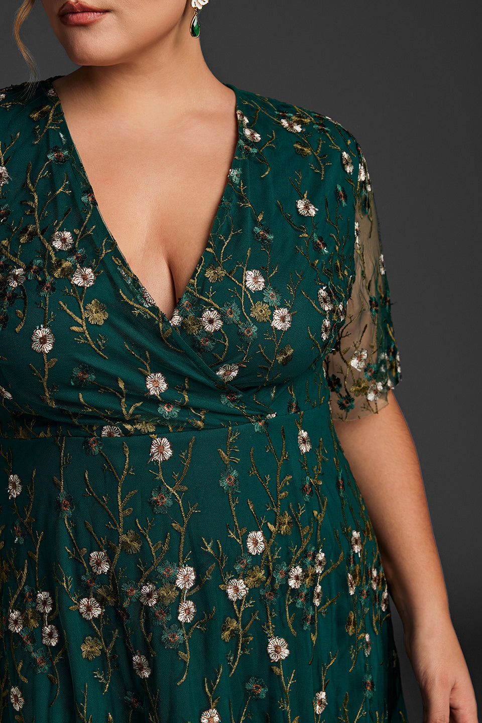 Curveins Plus Size V-Neck Ruffle Sleeve Embroidered Maxi Dress