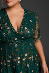 Curveins Plus Size V-Neck Ruffle Sleeve Embroidered Maxi Dress