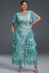 Curveins Plus Size V-Neck Floral Mesh Ruffled Maxi Dress