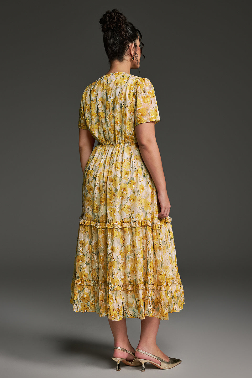 Curveins Plus Size V-Neck Floral Ruffle Sleeve Maxi Dress