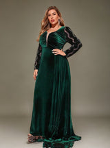 Curveins Plus Size Velvet Sequin V-Neck Long Sleeve Bodycon Maxi Dress