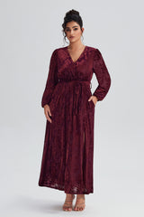 Curveins Plus Size Green Floral Velvet Wrap Maxi Dress