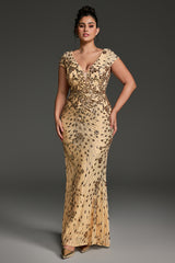 Curveins Plus Size V-neck and Waist Cinch Sequin Maxi Dress