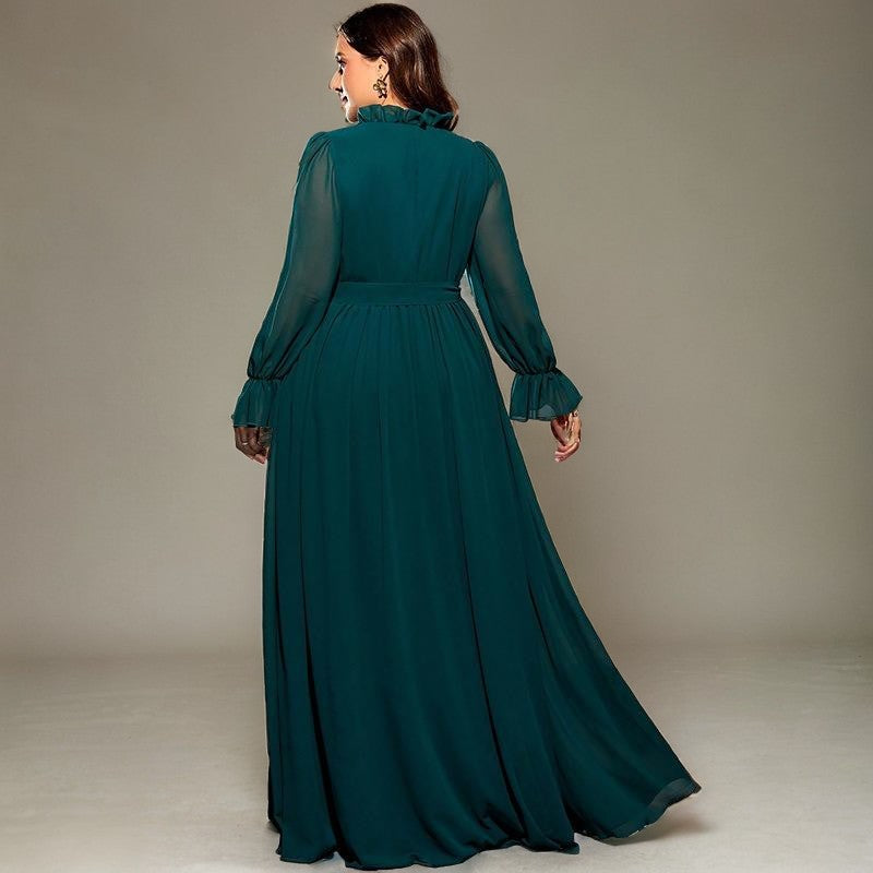 Curveins Plus Size V-Neck Long Sleeve Belted Waist Maxi Dress