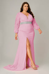 Curveins Plus Size V-Neck Long Sleeve Waist Slim Split Maxi Dress