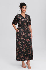 Curveins Plus Size Velvet Surplice Vintage Plain Maxi Dress