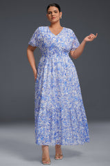 Curveins Plus Size V-Neck Floral Ruffle Hem Maxi Dress