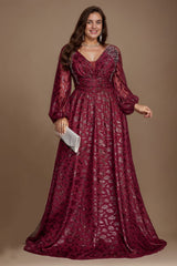 Curveins Chic Plus Size V-Neck Floral Pattern Lantern Sleeve Gown