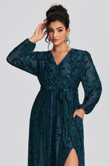 Curveins Plus Size Green Floral Velvet Wrap Maxi Dress