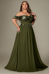 Curveins Plus Size Asymmetric One-Shoulder Sequin Side-Slit Maxi Dress