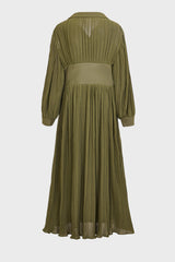 Curveins Plus Size Long Sleeve Polo Neck Button Pleated Waist Maxi Dress
