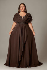 Curveins Plus Size V-Neck Short Sleeve Asymmetrical A-Line Maxi Dress