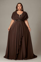 Curveins Plus Size V-Neck Short Sleeve Asymmetrical A-Line Maxi Dress
