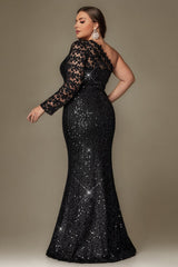 Curveins Plus Size One Shoulder Sequin High Slit Elegant Glamorous Evening Maxi Dress