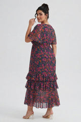 Curveins Plus Size V-Neck Batwing Sleeve Printed Maxi Dress with Ruched Detail
