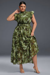 Curveins Plus Size Sleeveless Floral Ruffle Hem Mesh Maxi Dress