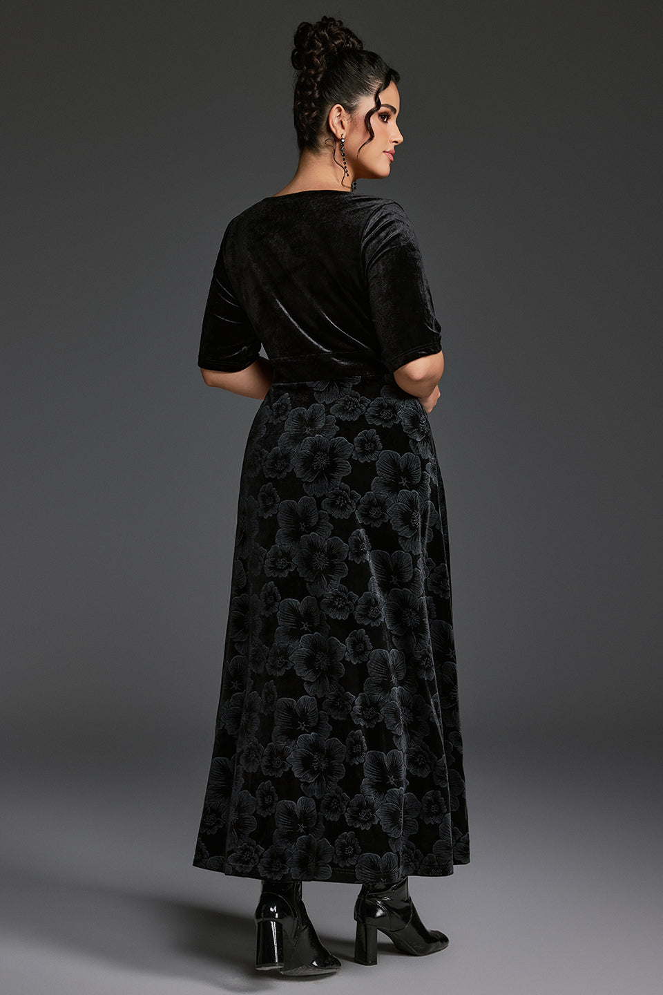 Curveins Plus Size V-Neck Long Sleeves Fitted Waist Floral Patchwork Maxi Dress