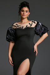 Curveins Plus Size Patchwork Round Neck Puff Sleeve Slit Bodycon Maxi Dress