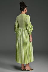 Curveins Plus Size V-Neck Long Sleeve Waist Tie Pleated Maxi Dress