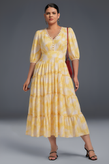 Curveins Plus Size V-Neck Puff Sleeve Ruffled Hem Maxi Dress