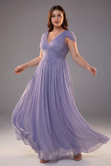 Curveins Plus Size V Neck Short Sleeve Cinched Waist Elegant Maxi Dress