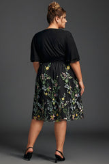 Curveins Plus Size Ruffle Sleeve V-Neck Embroidered Midi Dress