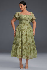 Curveins Plus-Size Draped Collar Puff Sleeve Floral Print Maxi Dress