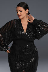 Curveins Plus Size V-Neck Striped Sequin Long Sleeve Slit Maxi Dress