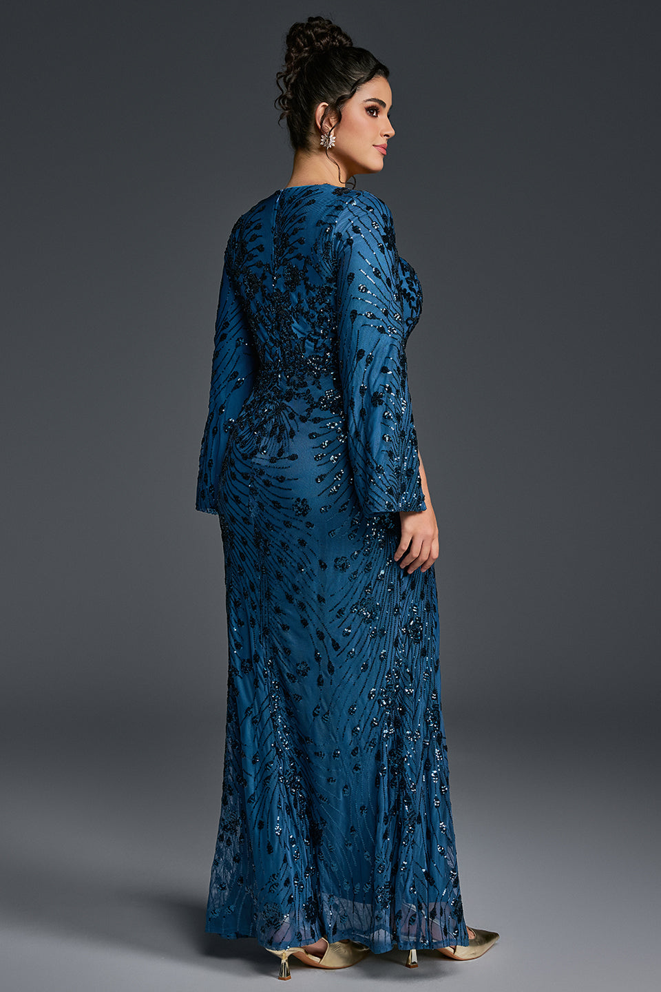 Curveins Plus Size V-Neck Long Sleeves Sequin Floral Bodycon Maxi Dress