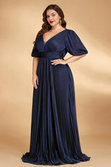 Curveins Plus Size Lantern Sleeve Flowy V Neck Gathered Waist Chic Pleated Maxi Dress