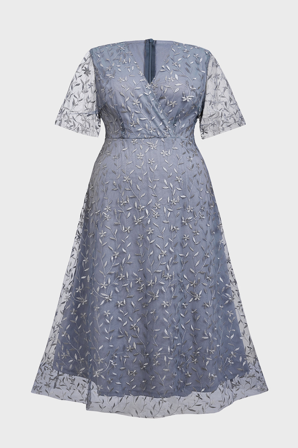 Curveins Plus Size V-Neck Ruffle Sleeve Embroidered Maxi Dress