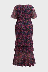 Curveins Plus Size V-Neck Batwing Sleeve Printed Maxi Dress with Ruched Detail