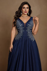 Curveins Plus Size V-Neck Sleeveless Waist-Defined Maxi Dress