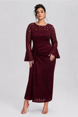 Curveins Plus Size Crew Neck Flared Long Sleeve Floral Bodycon Elegant Maxi Dress