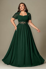 Curveins Plus Size Strapless Embroidered Short Sleeve Waist Cinch A-Line Maxi Dress